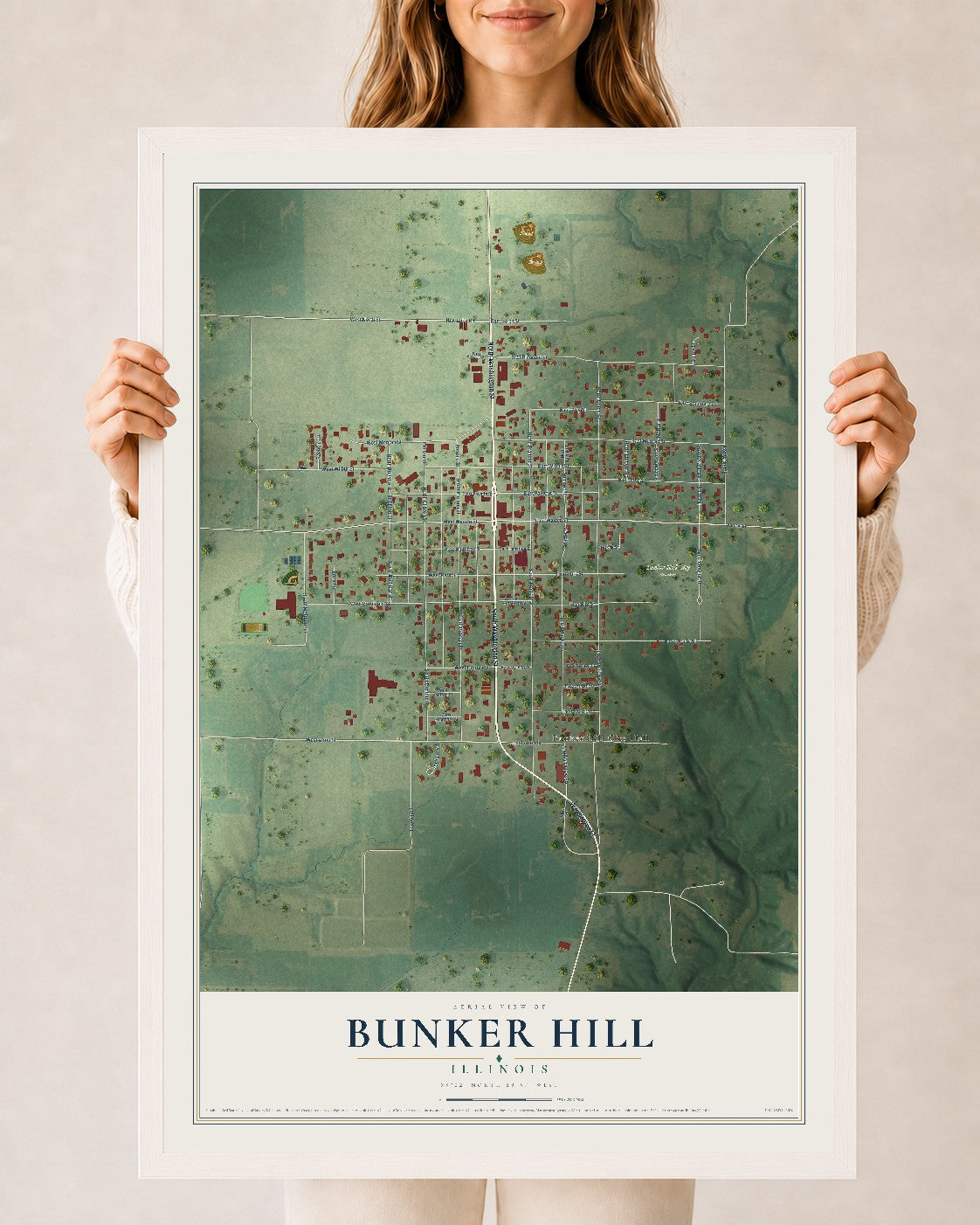 Map of Bunker Hill, Illinois, 24 x 36 inch print in a white wood frame