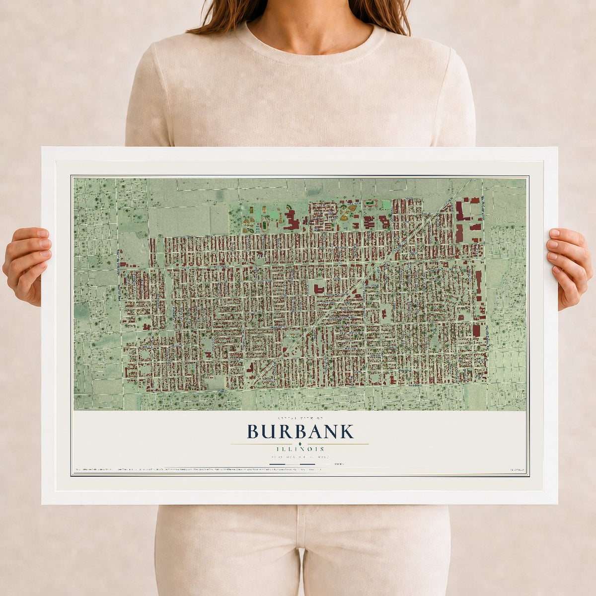 Map of Burbank, Illinois, 12 x 18 inch print in a white wood frame