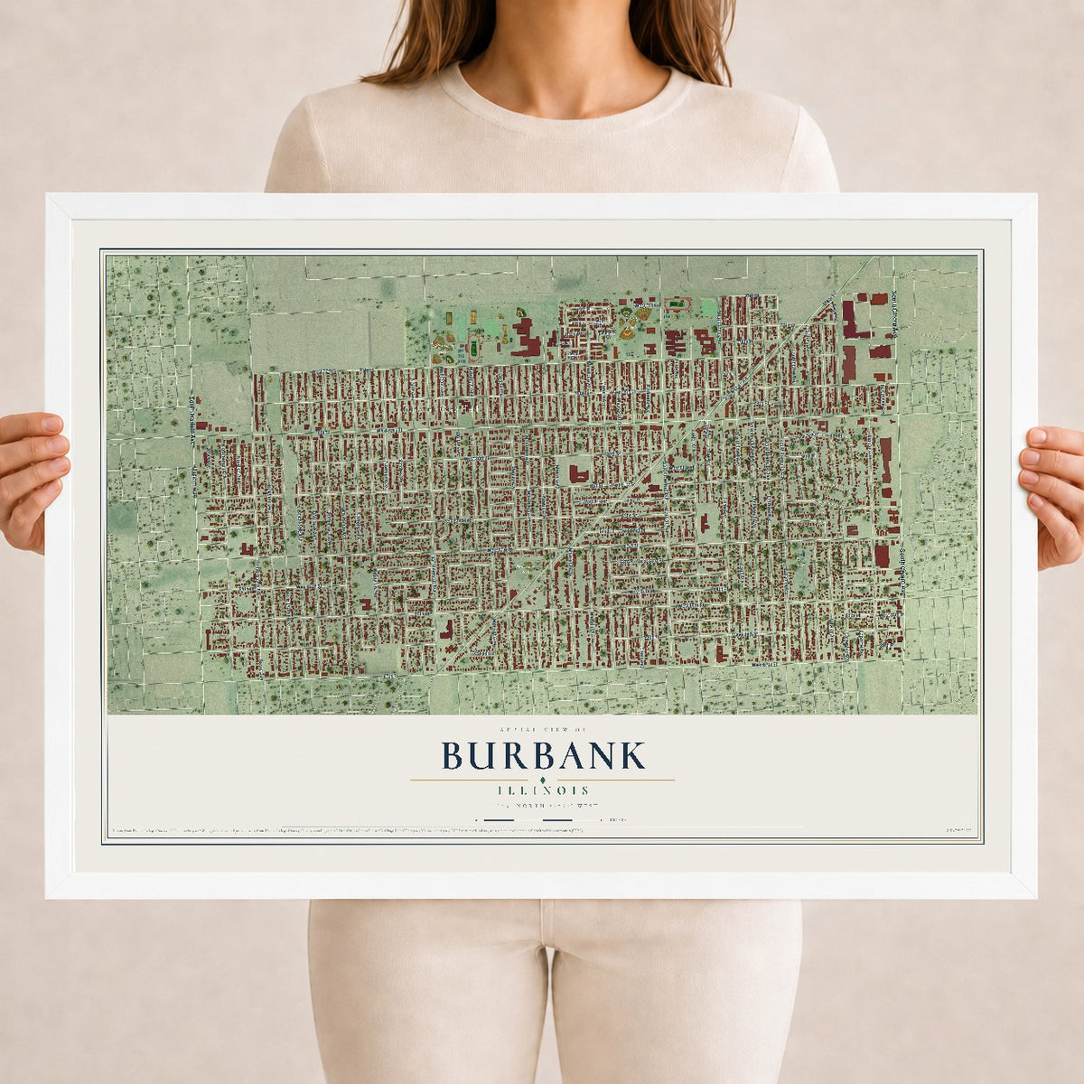 Map of Burbank, Illinois, 18 x 24 inch print in a white wood frame