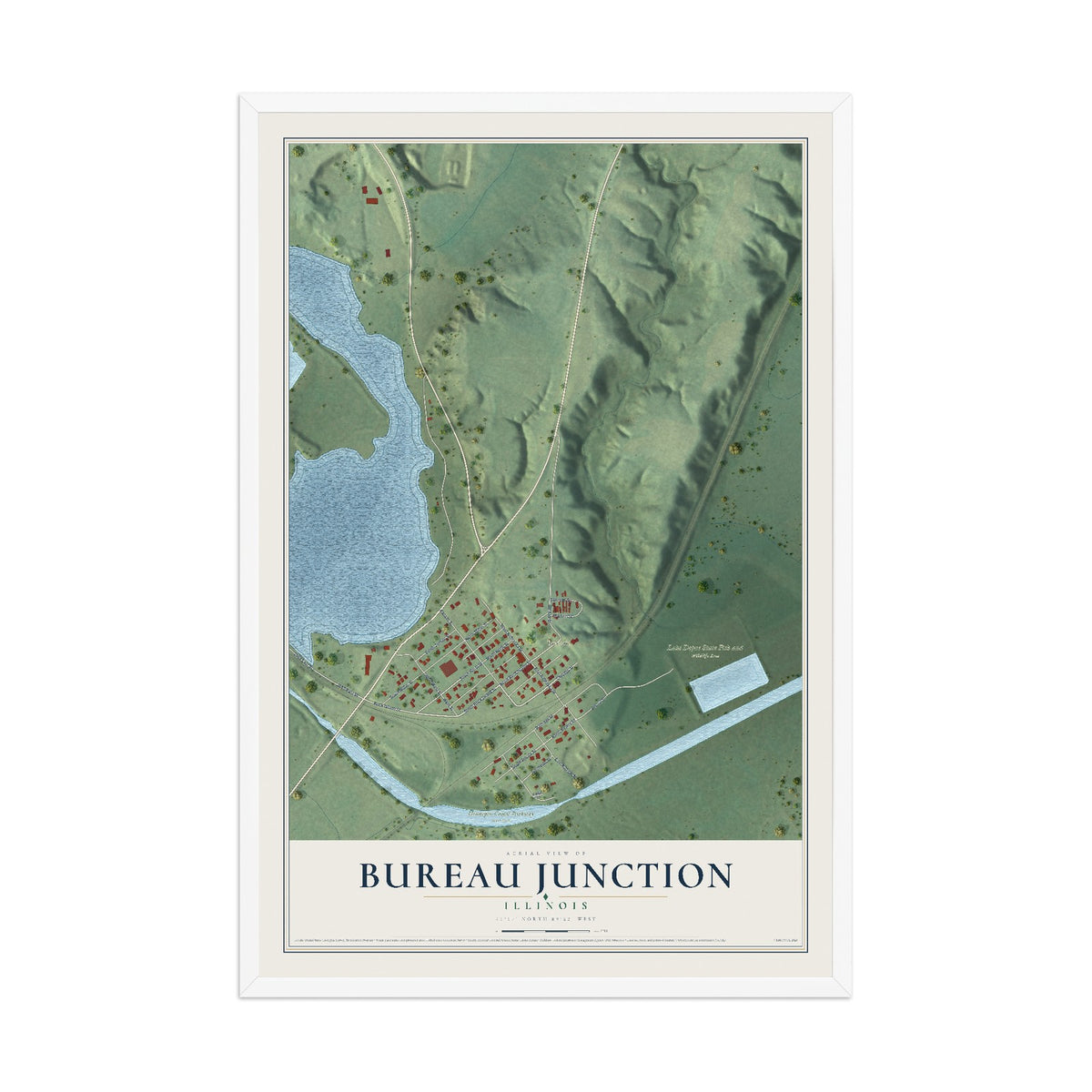 Map of Bureau Junction, Illinois, 12 x 18 inch print in a white wood frame