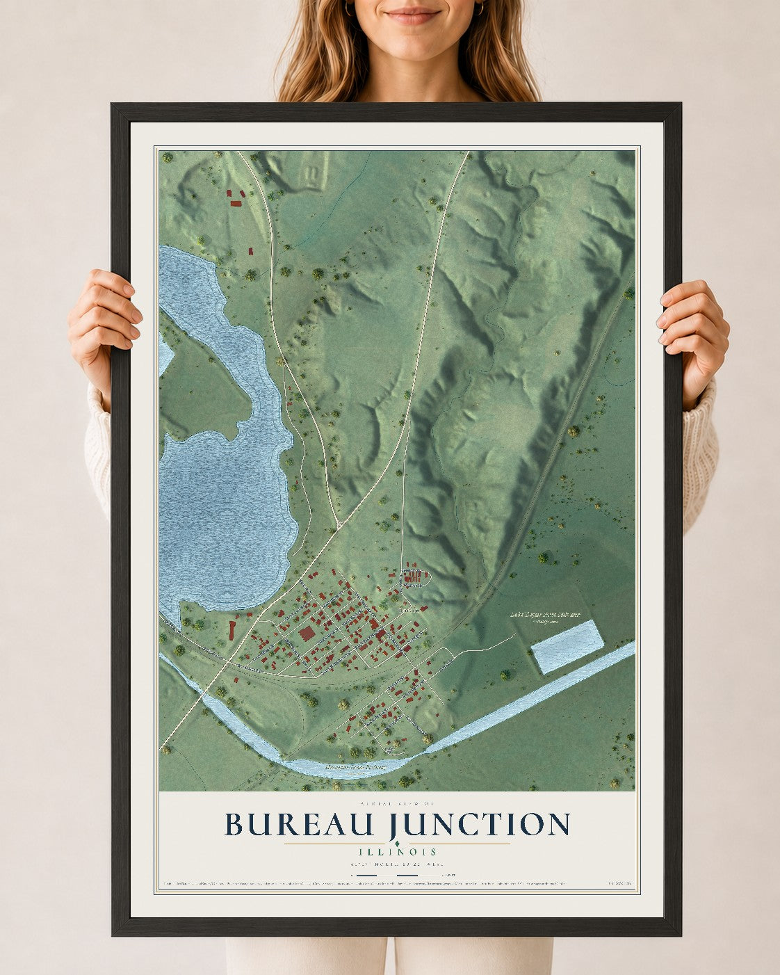 Map of Bureau Junction, Illinois, 24 x 36 inch print in a black wood frame