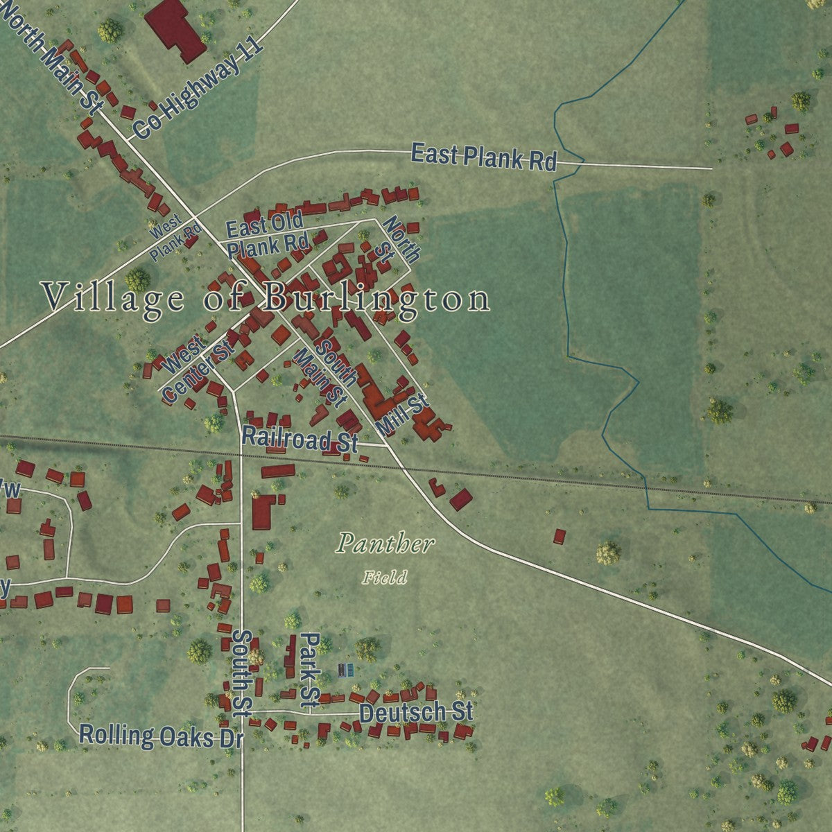 Close-up of the map of Burlington, Illinois print showing street and building detail