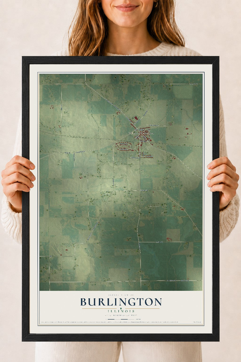 Map of Burlington, Illinois, 18 x 24 inch print in a black wood frame