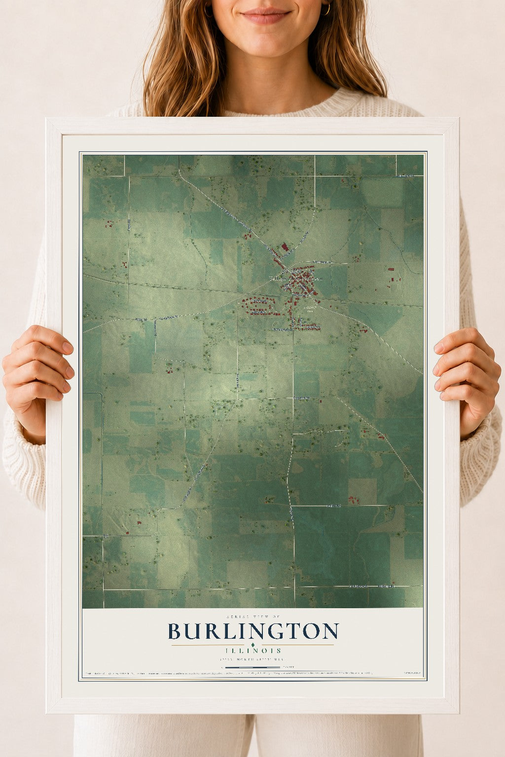 Map of Burlington, Illinois, 18 x 24 inch print in a white wood frame