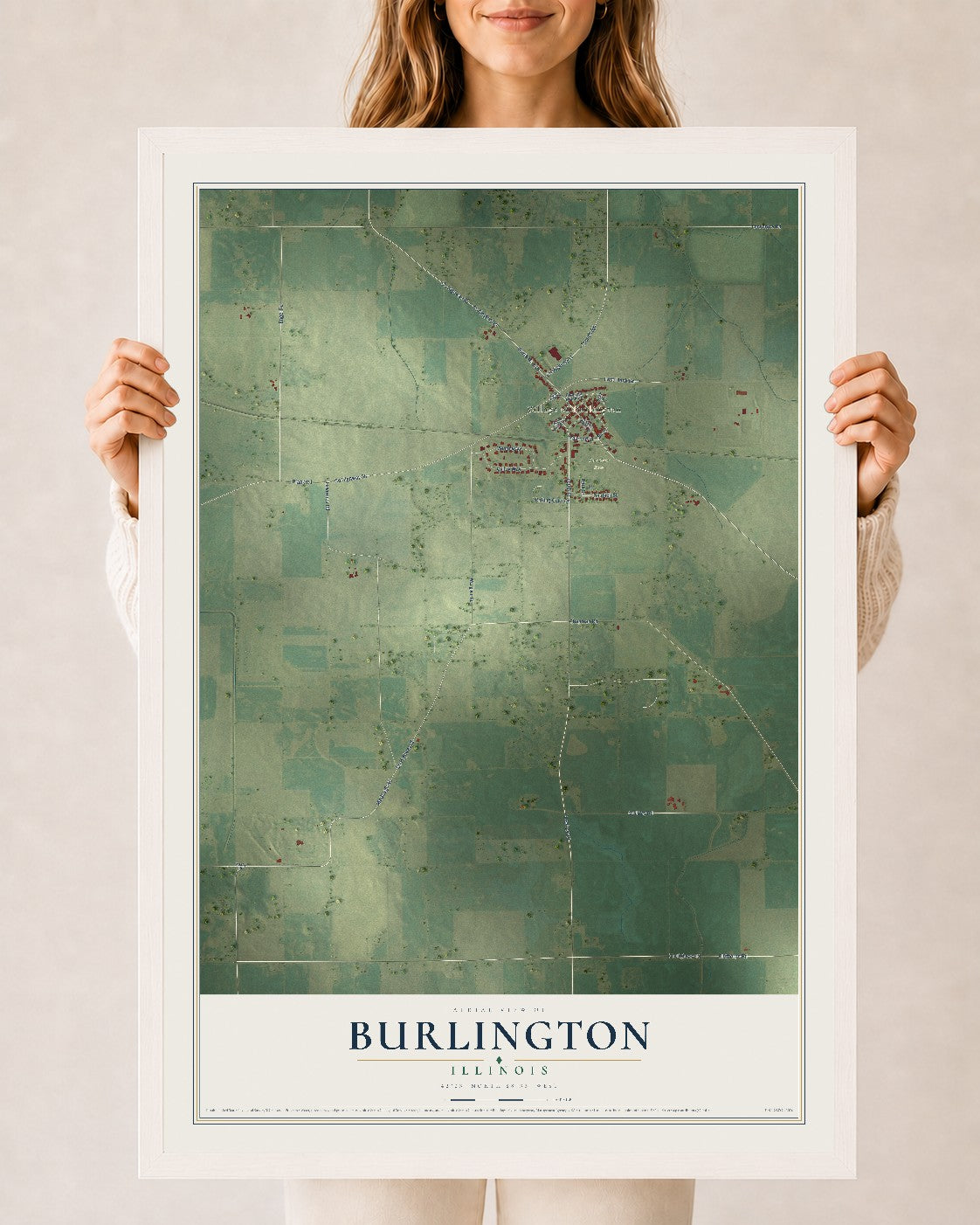 Map of Burlington, Illinois, 24 x 36 inch print in a white wood frame