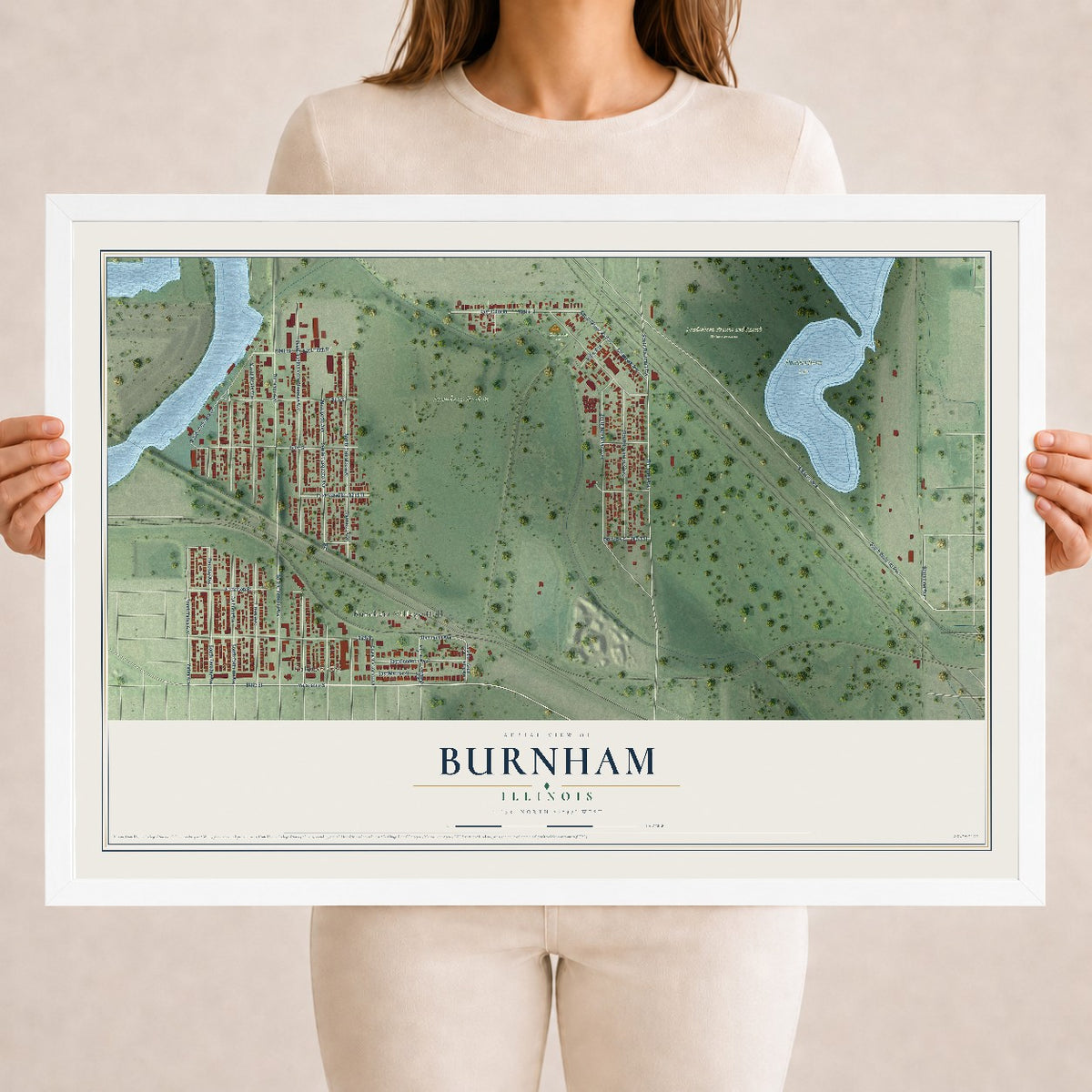 Map of Burnham, Illinois, 18 x 24 inch print in a white wood frame