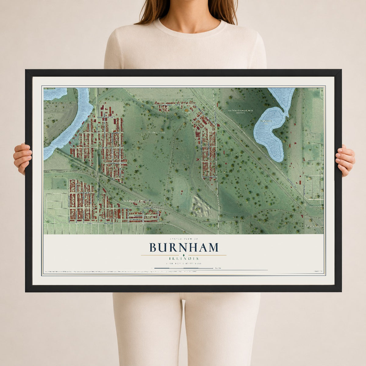 Map of Burnham, Illinois, 24 x 36 inch print in a black wood frame