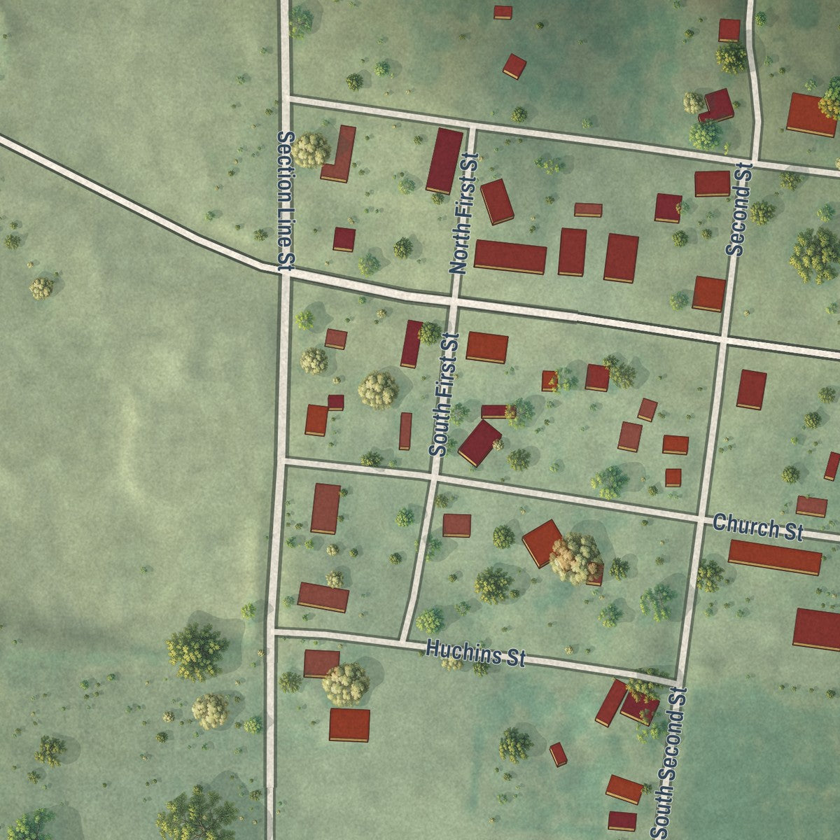 Close-up of the map of Burnt Prairie, Illinois print showing street and building detail