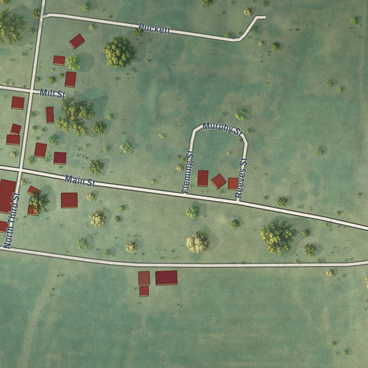 Second close-up of the map of Burnt Prairie, Illinois print showing more streets and buildings