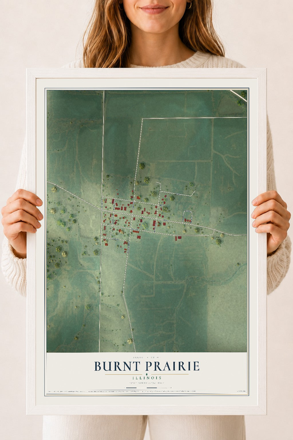 Map of Burnt Prairie, Illinois, 18 x 24 inch print in a white wood frame