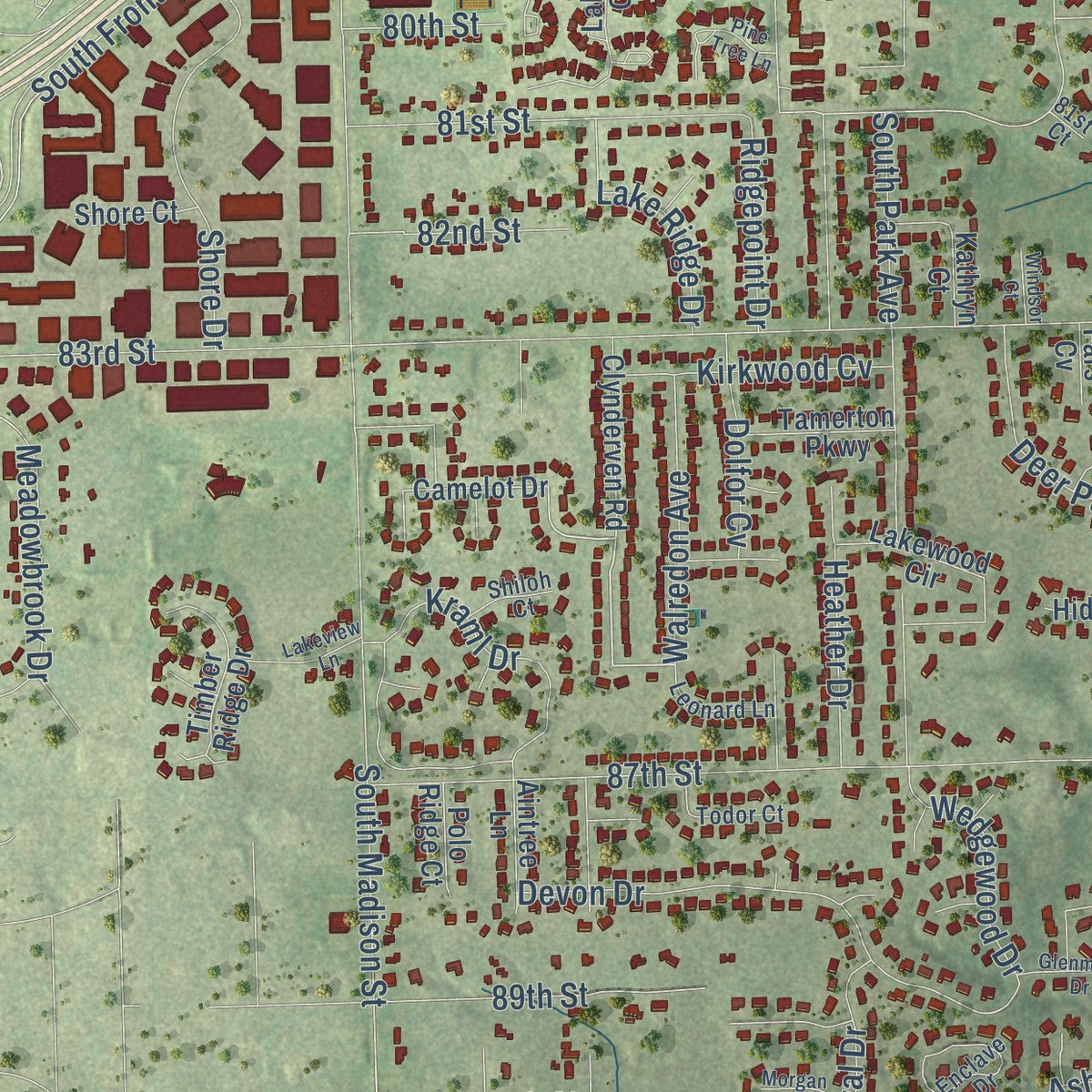 Close-up of the map of Burr Ridge, Illinois print showing street and building detail