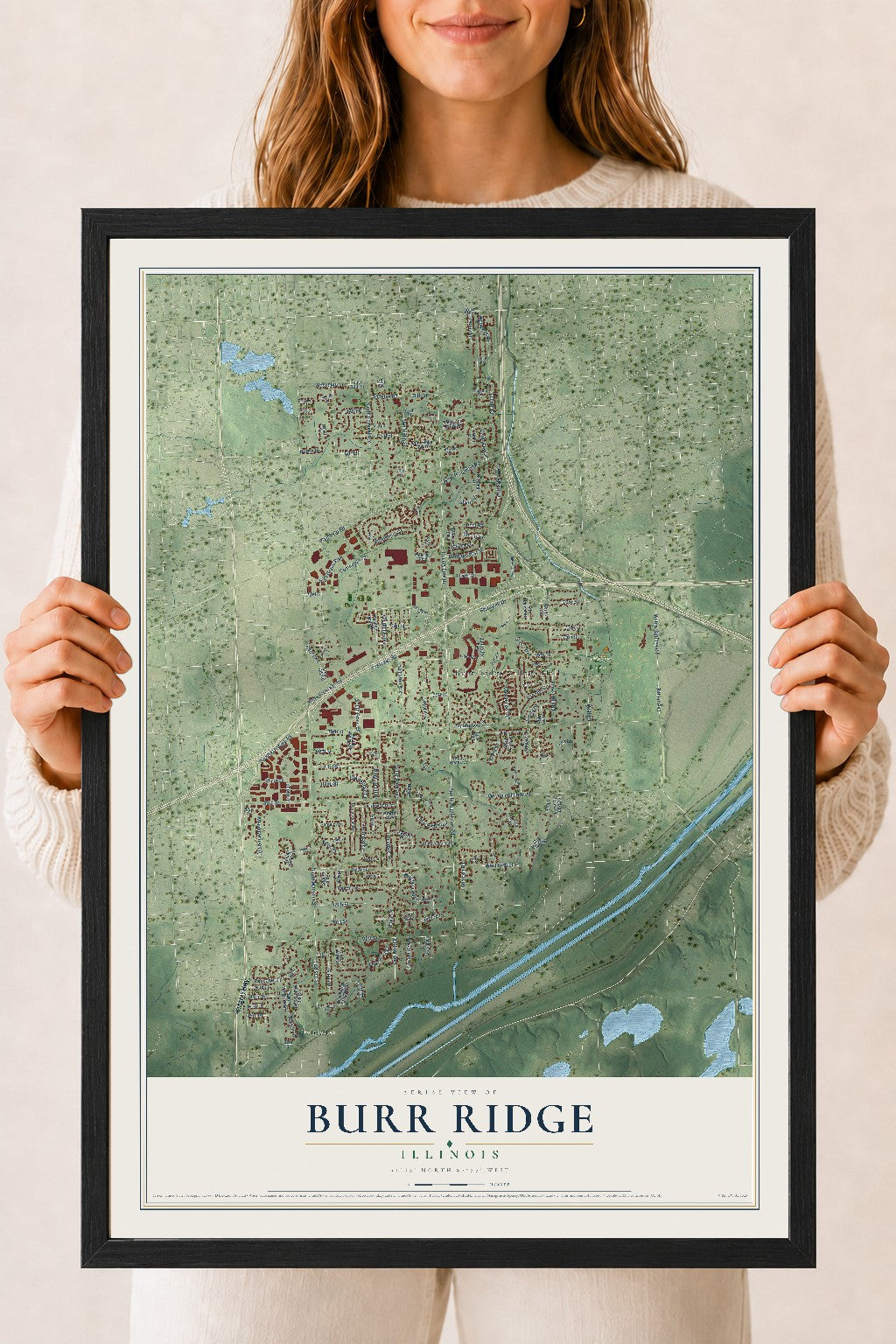Map of Burr Ridge, Illinois, 18 x 24 inch print in a black wood frame