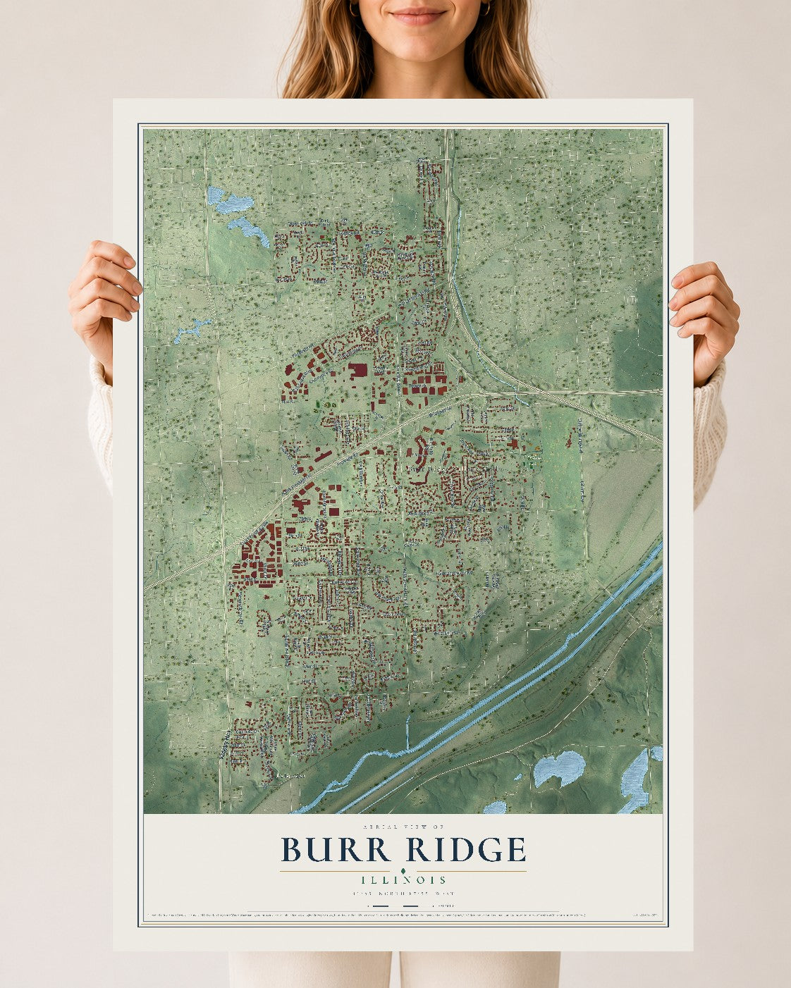 Map of Burr Ridge, Illinois, 24 x 36 inch unframed archival matte print