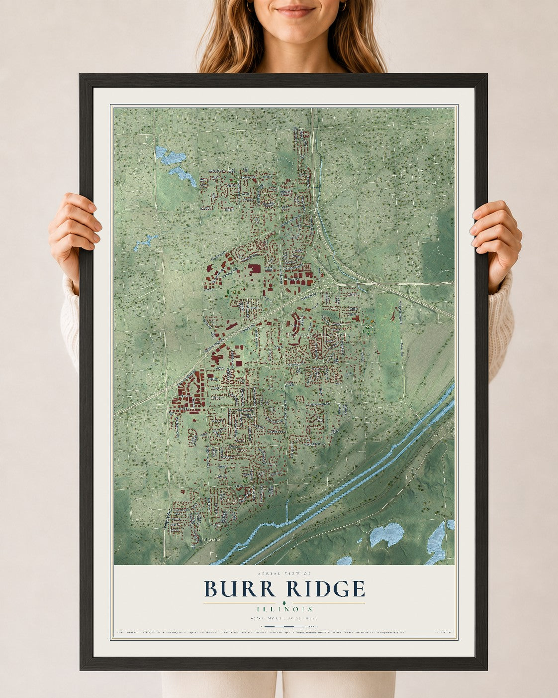 Map of Burr Ridge, Illinois, 24 x 36 inch print in a black wood frame