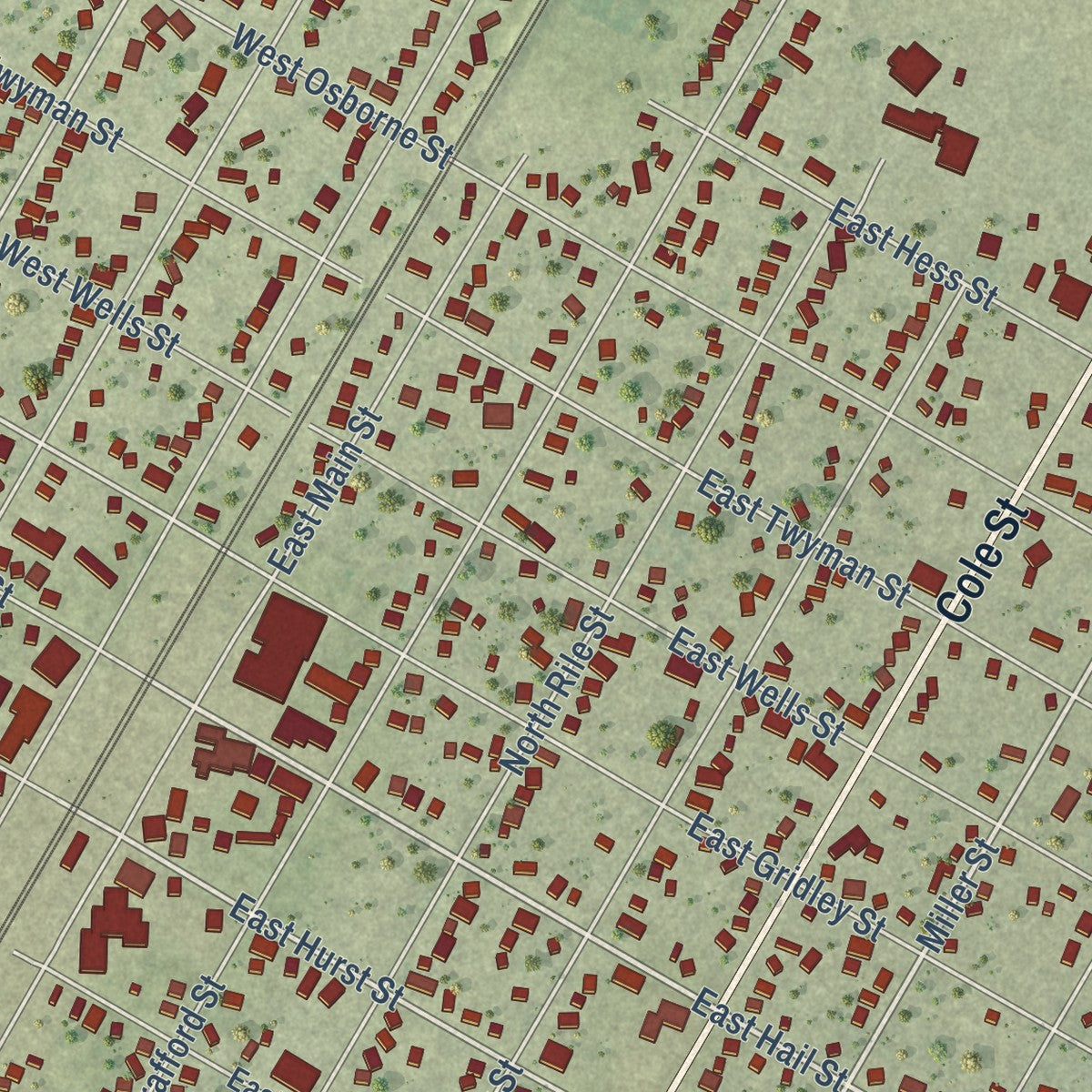 Close-up of the map of Bushnell, Illinois print showing street and building detail
