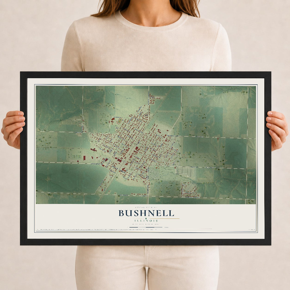 Map of Bushnell, Illinois, 12 x 18 inch print in a black wood frame