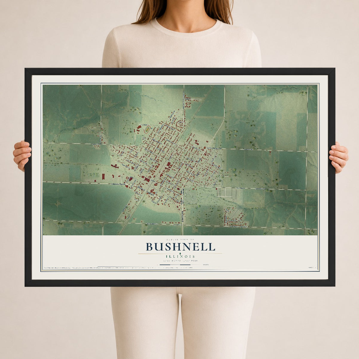 Map of Bushnell, Illinois, 24 x 36 inch print in a black wood frame