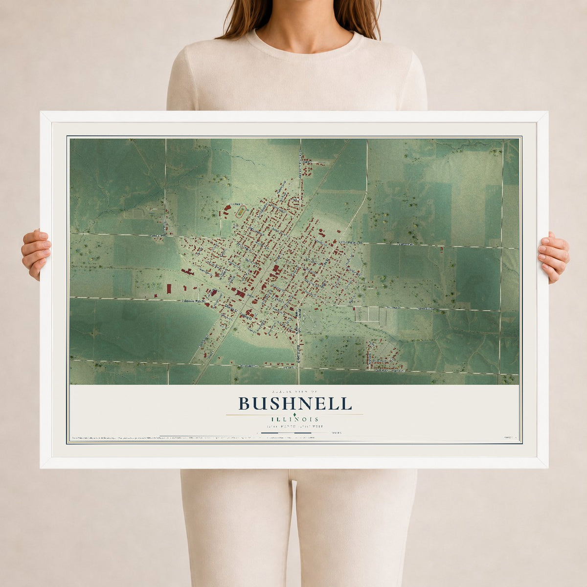 Map of Bushnell, Illinois, 24 x 36 inch print in a white wood frame
