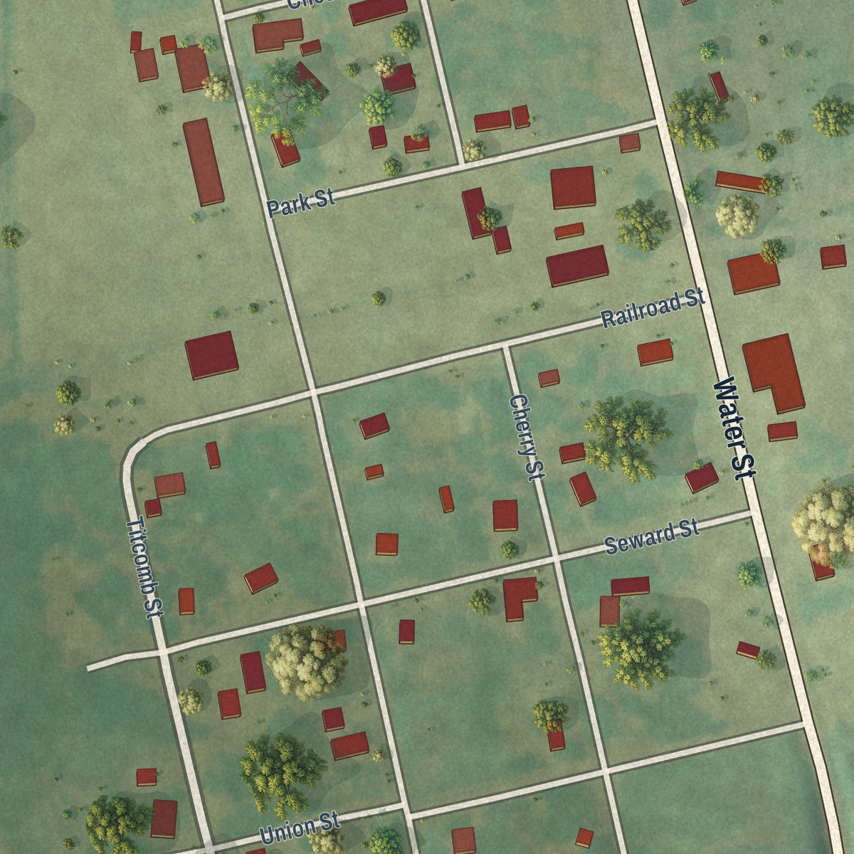 Close-up of the map of Butler, Illinois print showing street and building detail