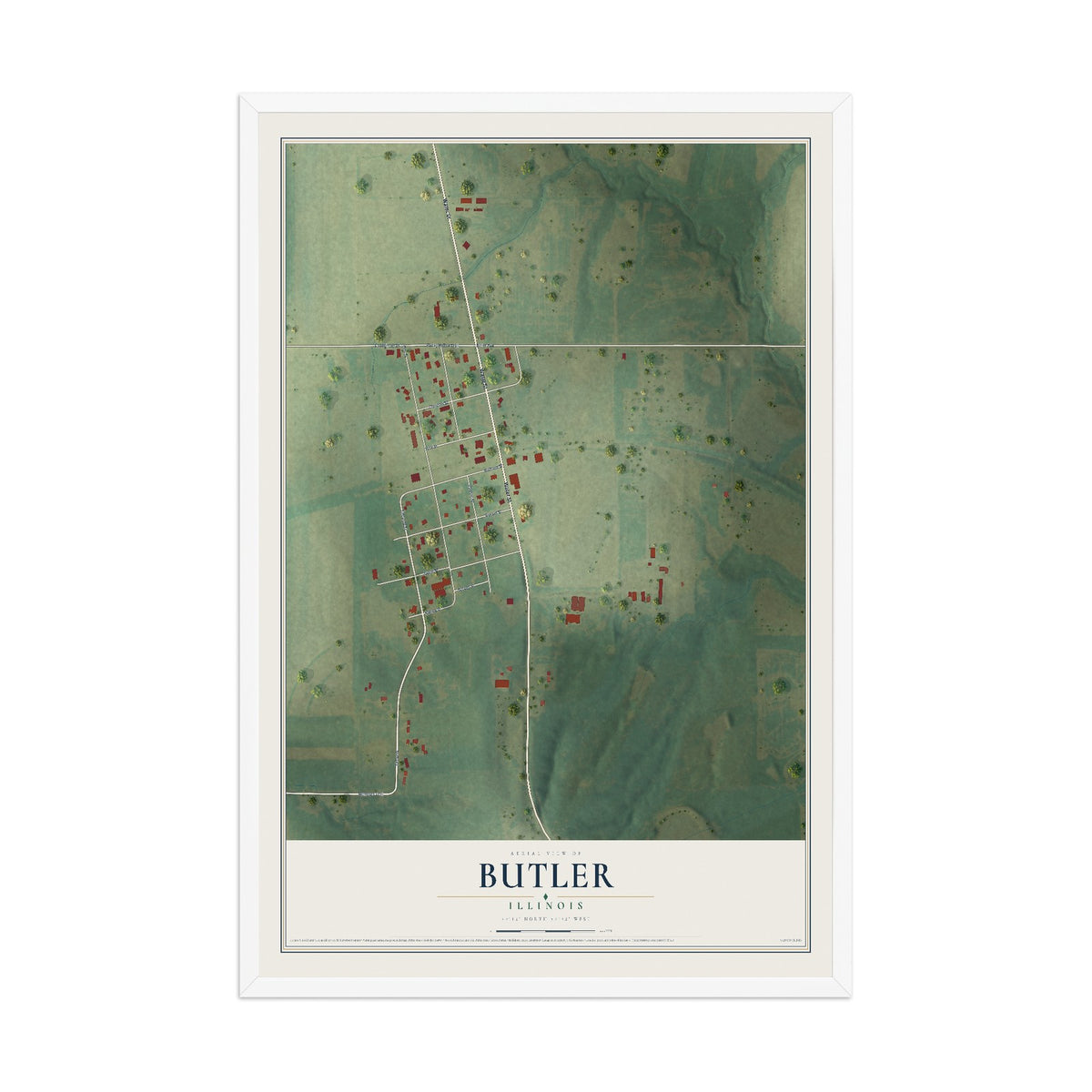 Map of Butler, Illinois, 12 x 18 inch print in a white wood frame
