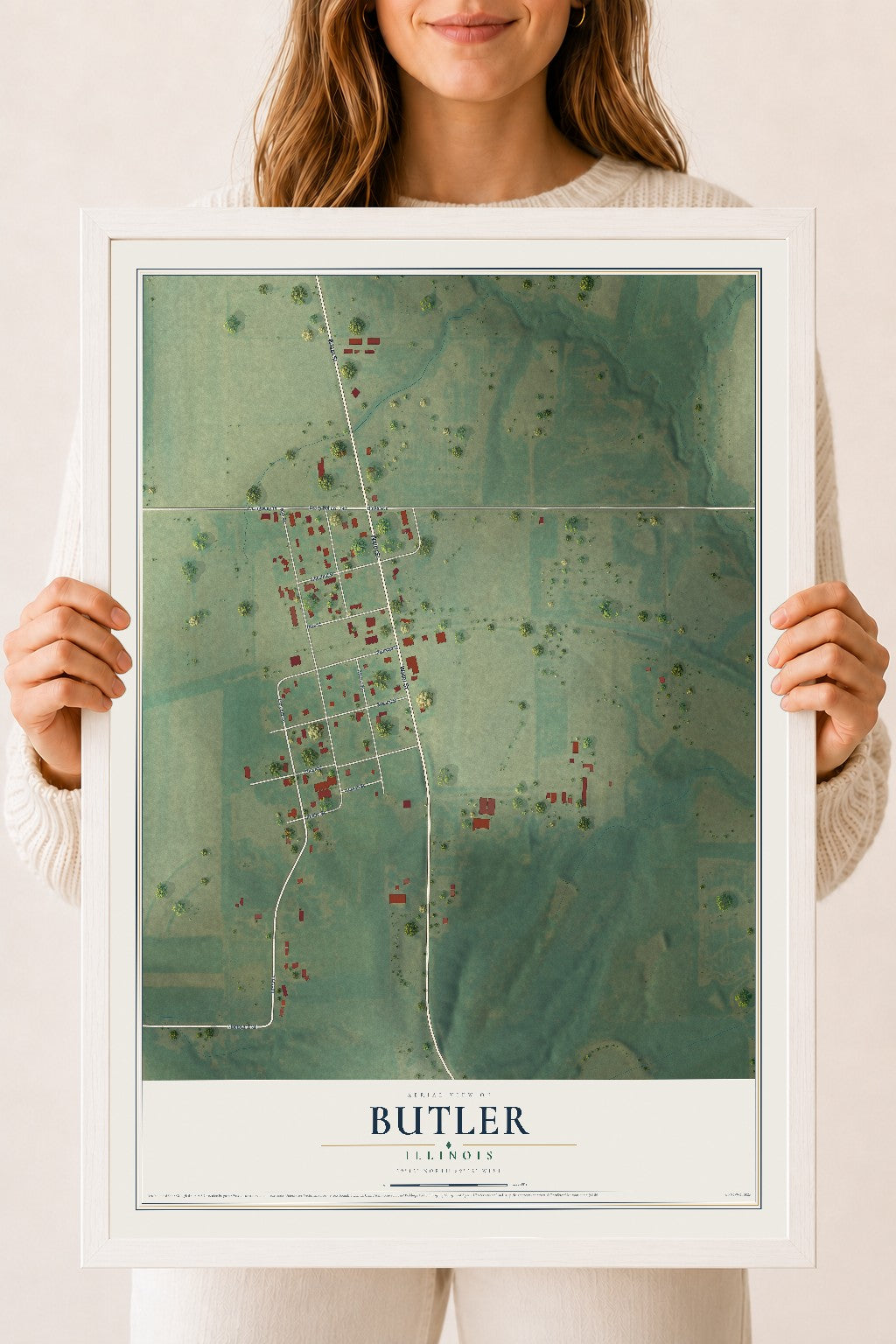 Map of Butler, Illinois, 18 x 24 inch print in a white wood frame