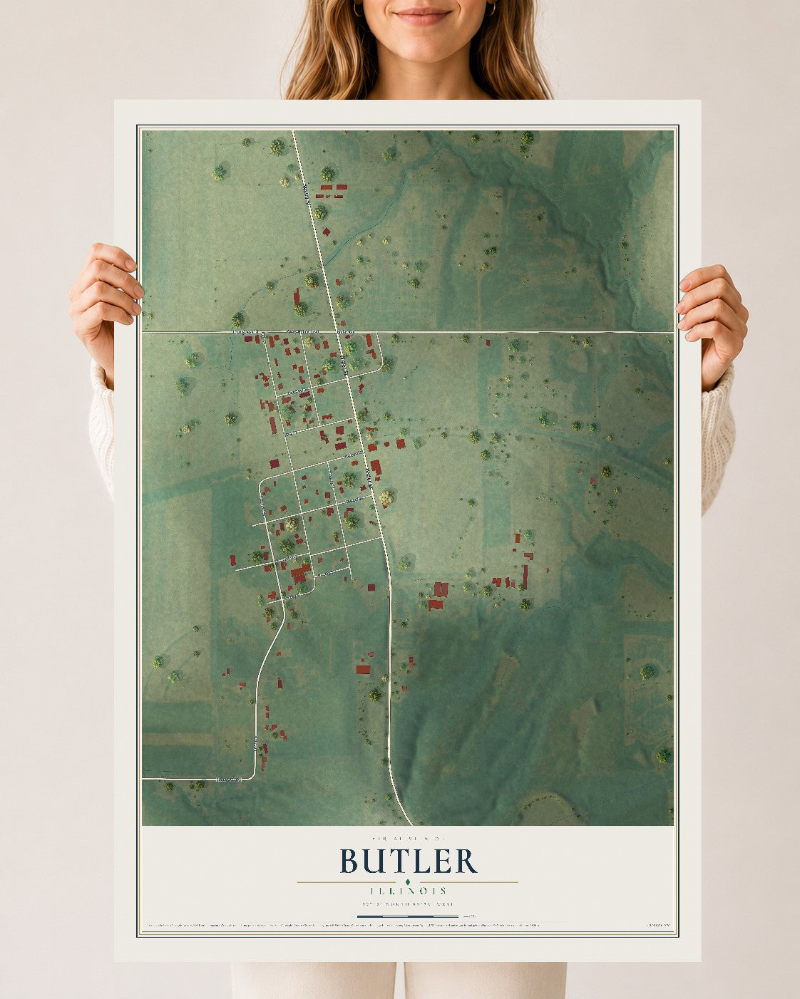 Map of Butler, Illinois, 24 x 36 inch unframed archival matte print