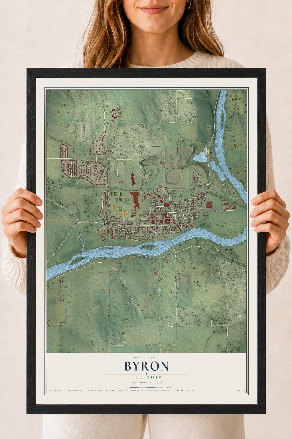 Map of Byron, Illinois, 18 x 24 inch print in a black wood frame