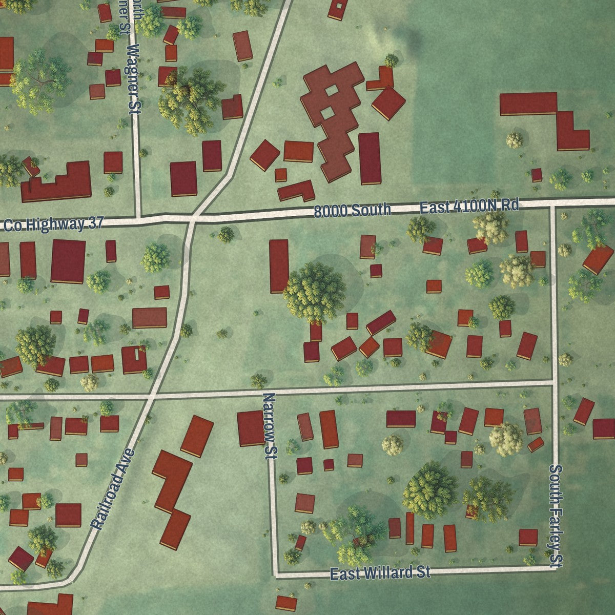 Close-up of the map of Cabery, Illinois print showing street and building detail