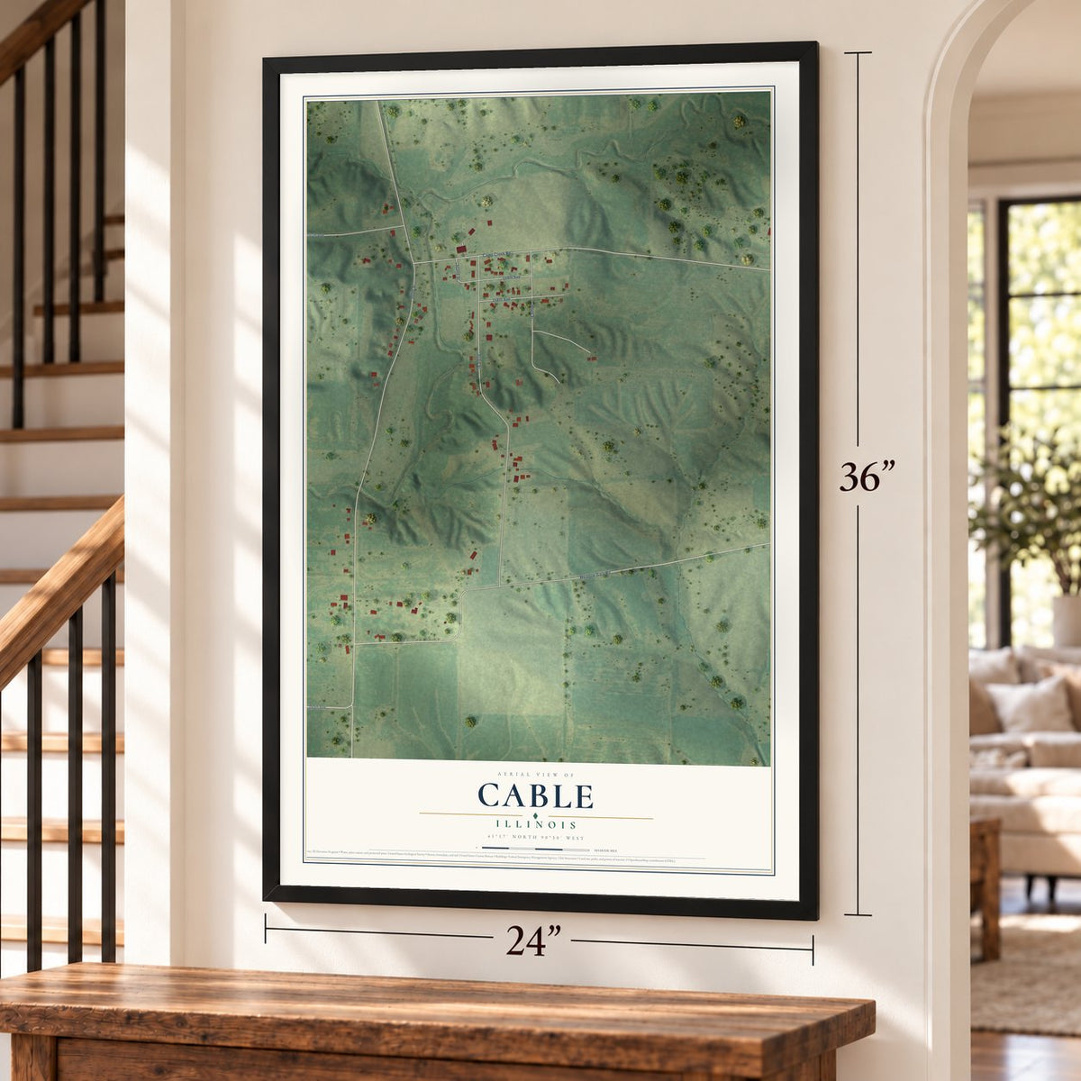 Cable, Illinois map, 24 x 36 inch print in a black frame by a staircase