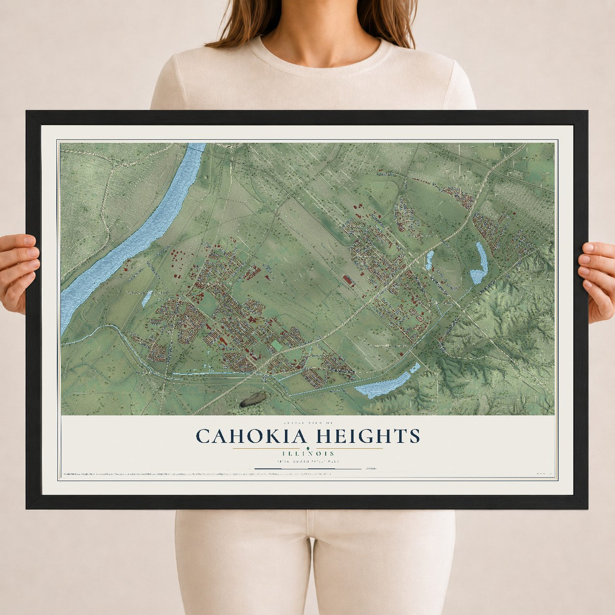 Map of Cahokia Heights, Illinois, 18 x 24 inch print in a black wood frame