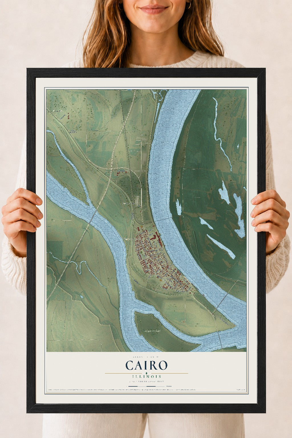 Map of Cairo, Illinois, 18 x 24 inch print in a black wood frame