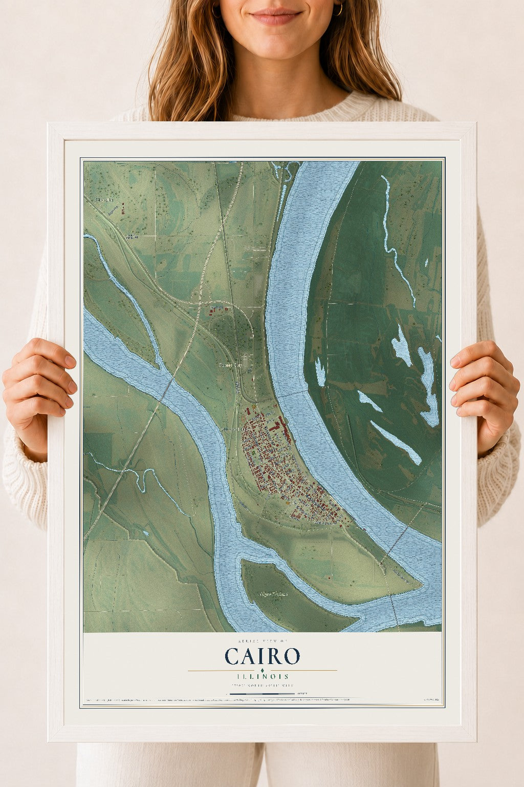 Map of Cairo, Illinois, 18 x 24 inch print in a white wood frame