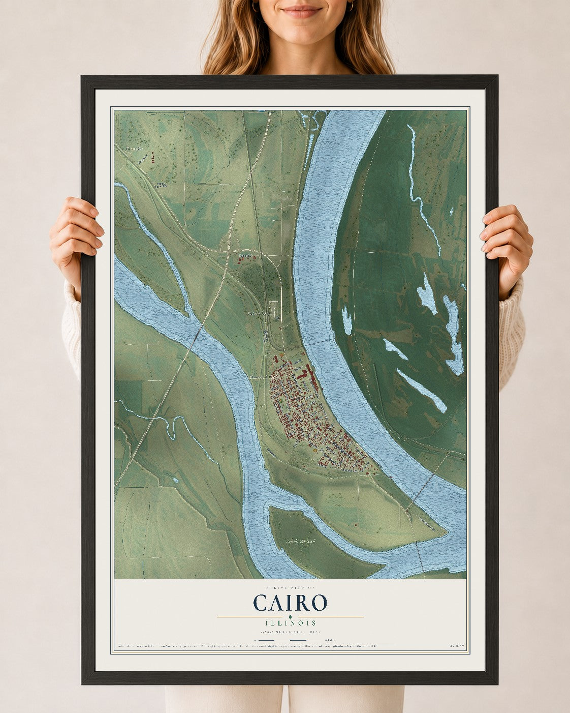 Map of Cairo, Illinois, 24 x 36 inch print in a black wood frame