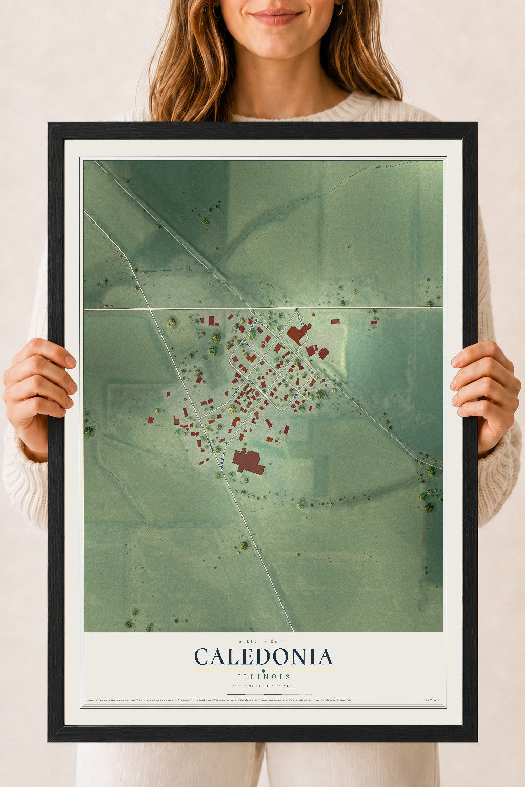 Map of Caledonia, Illinois, 18 x 24 inch print in a black wood frame