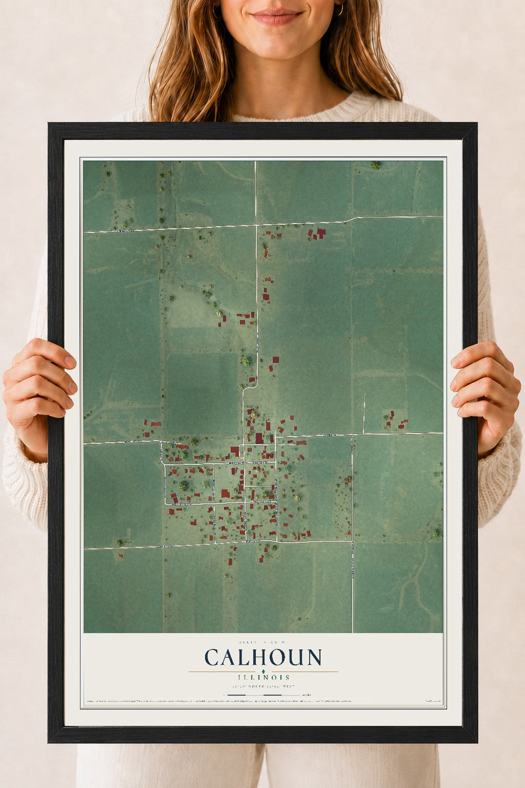 Map of Calhoun, Illinois, 18 x 24 inch print in a black wood frame