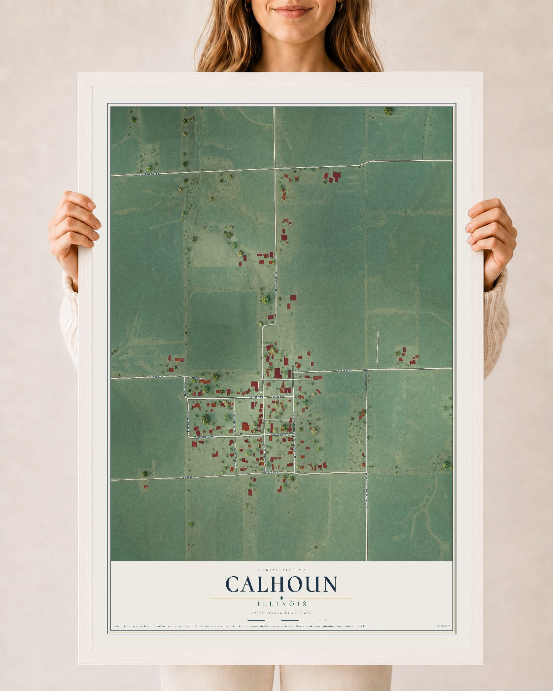 Map of Calhoun, Illinois, 24 x 36 inch print in a white wood frame