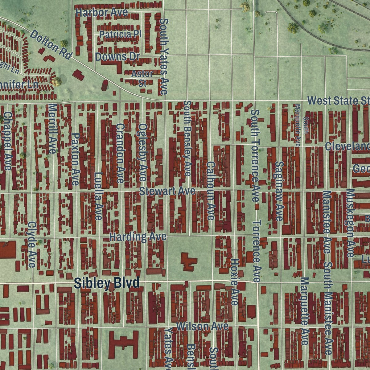 Second close-up of the map of Calumet City, Illinois print showing more streets and buildings