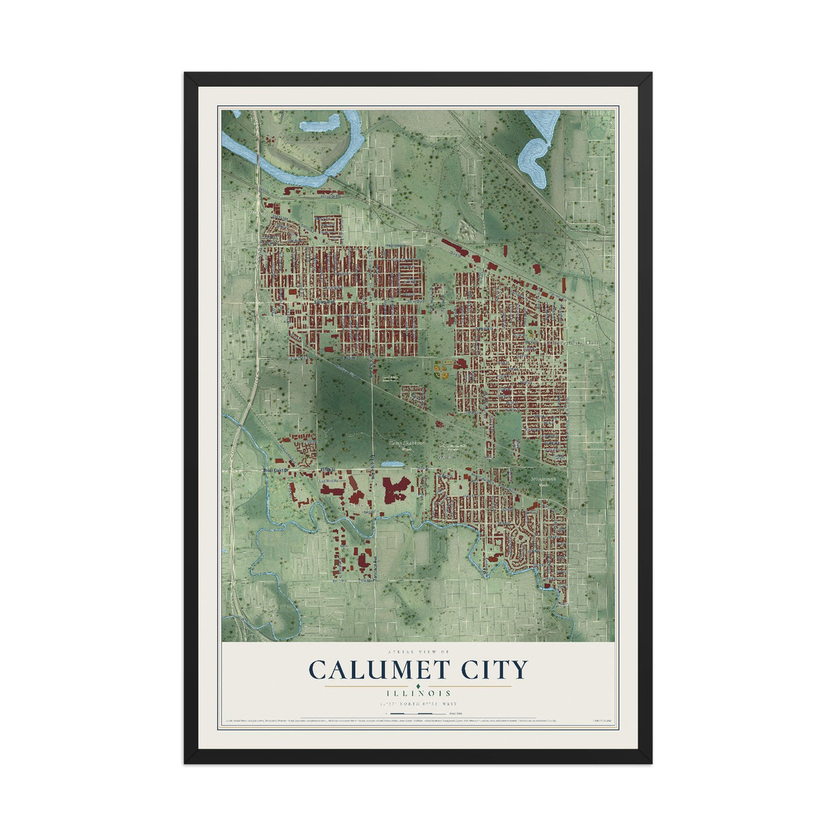Map of Calumet City, Illinois, 12 x 18 inch print in a black wood frame