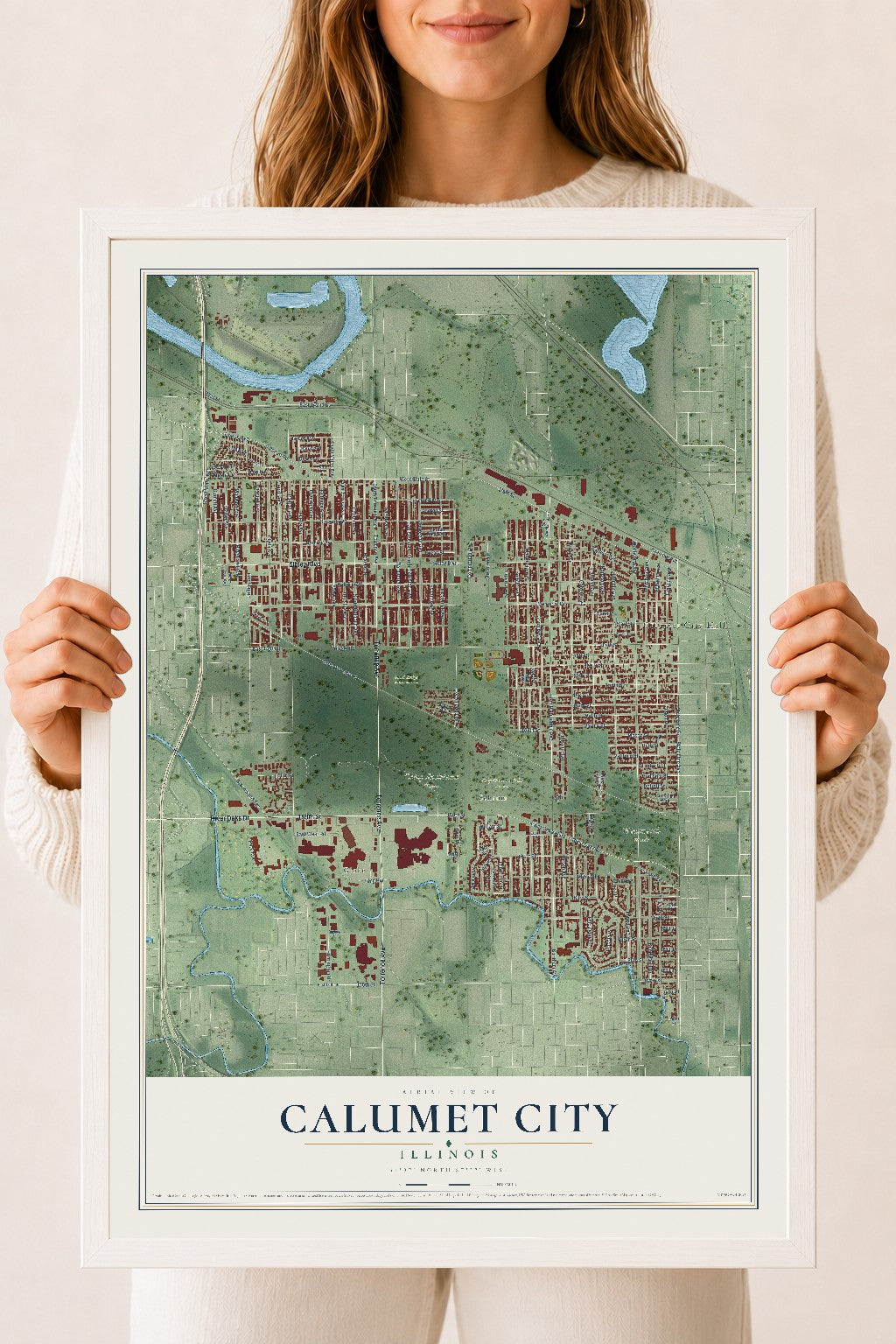 Map of Calumet City, Illinois, 18 x 24 inch print in a white wood frame