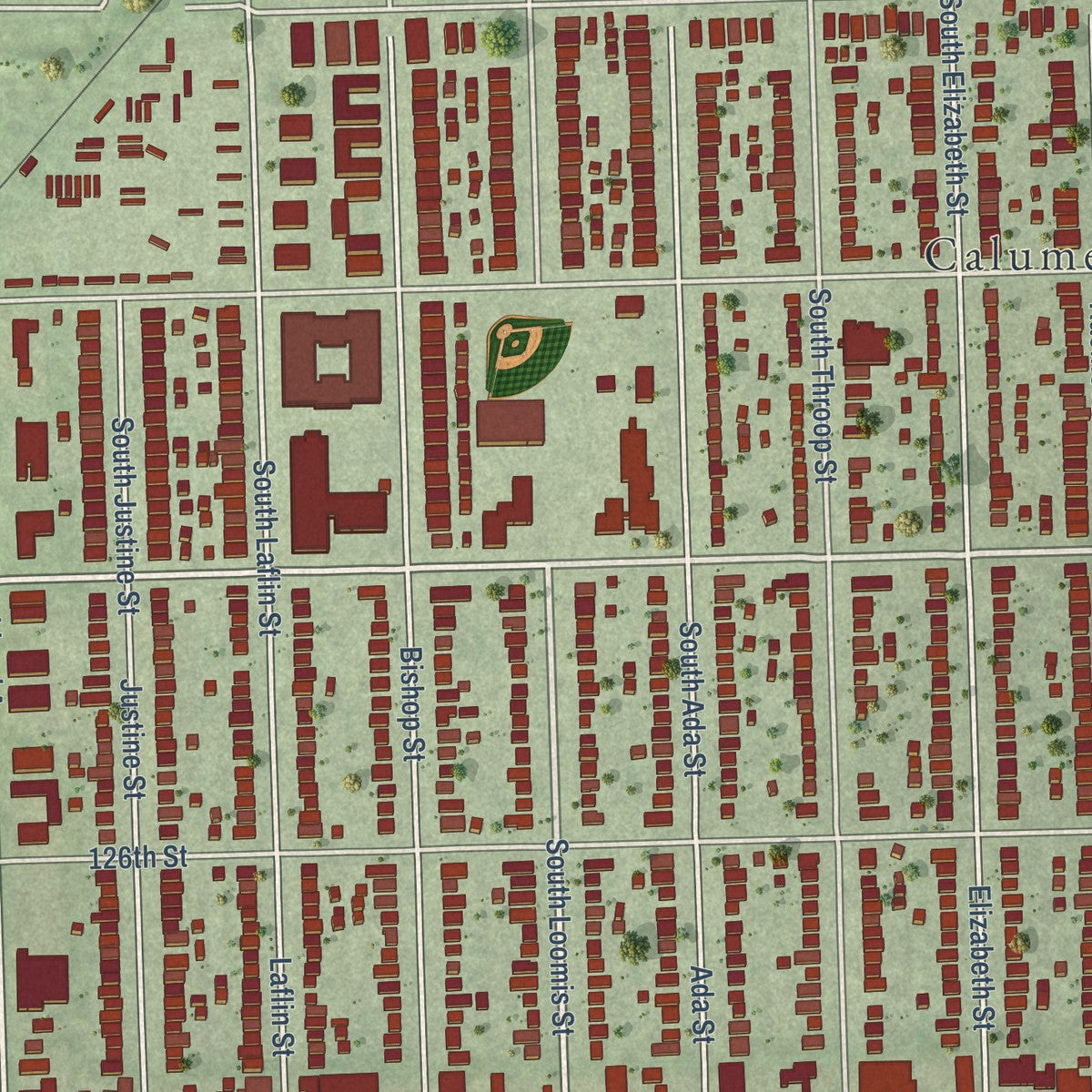 Close-up of the map of Calumet Park, Illinois print showing street and building detail