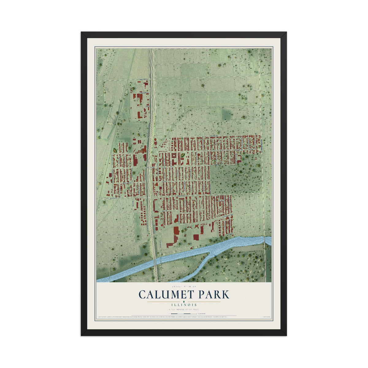 Map of Calumet Park, Illinois, 12 x 18 inch print in a black wood frame