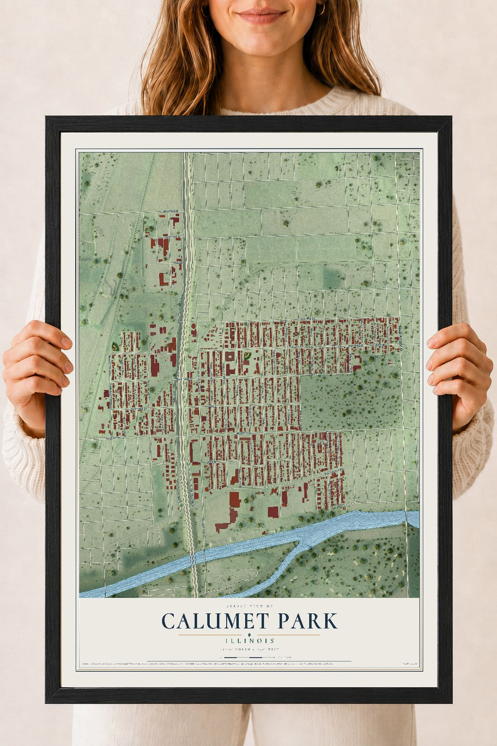 Map of Calumet Park, Illinois, 18 x 24 inch print in a black wood frame