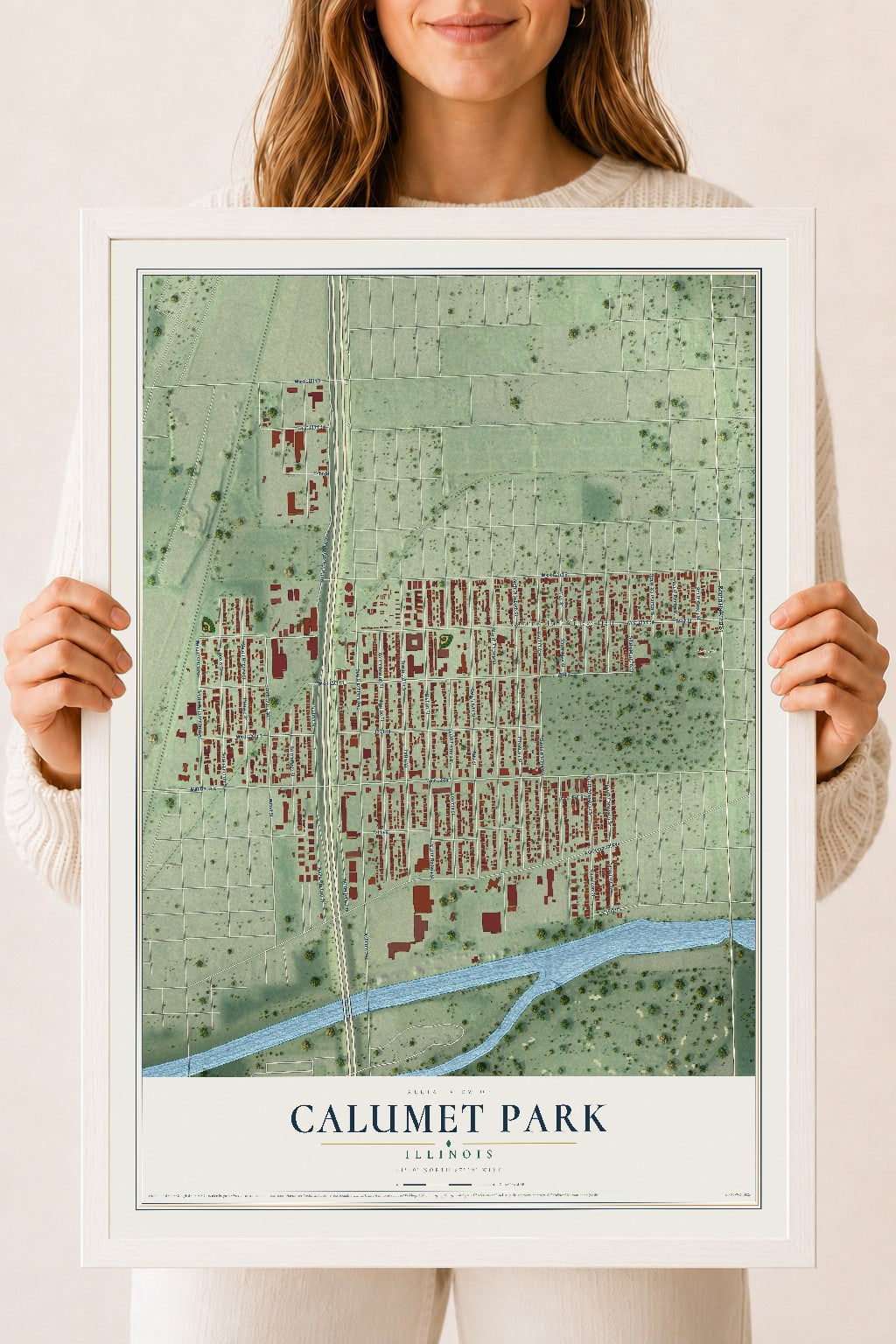 Map of Calumet Park, Illinois, 18 x 24 inch print in a white wood frame
