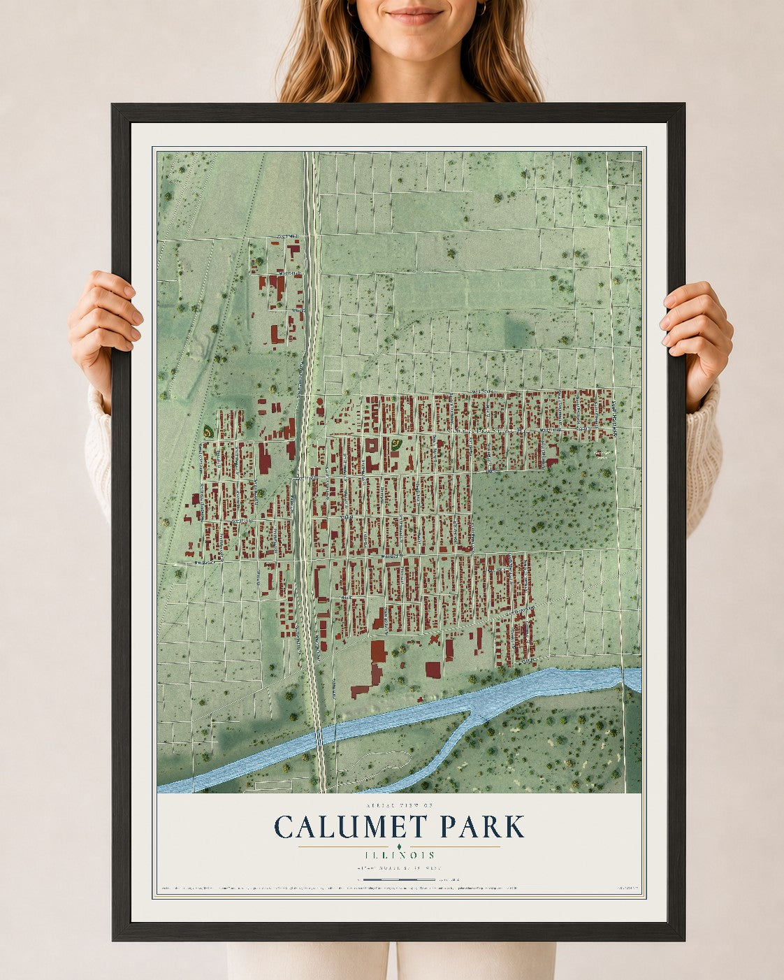 Map of Calumet Park, Illinois, 24 x 36 inch print in a black wood frame