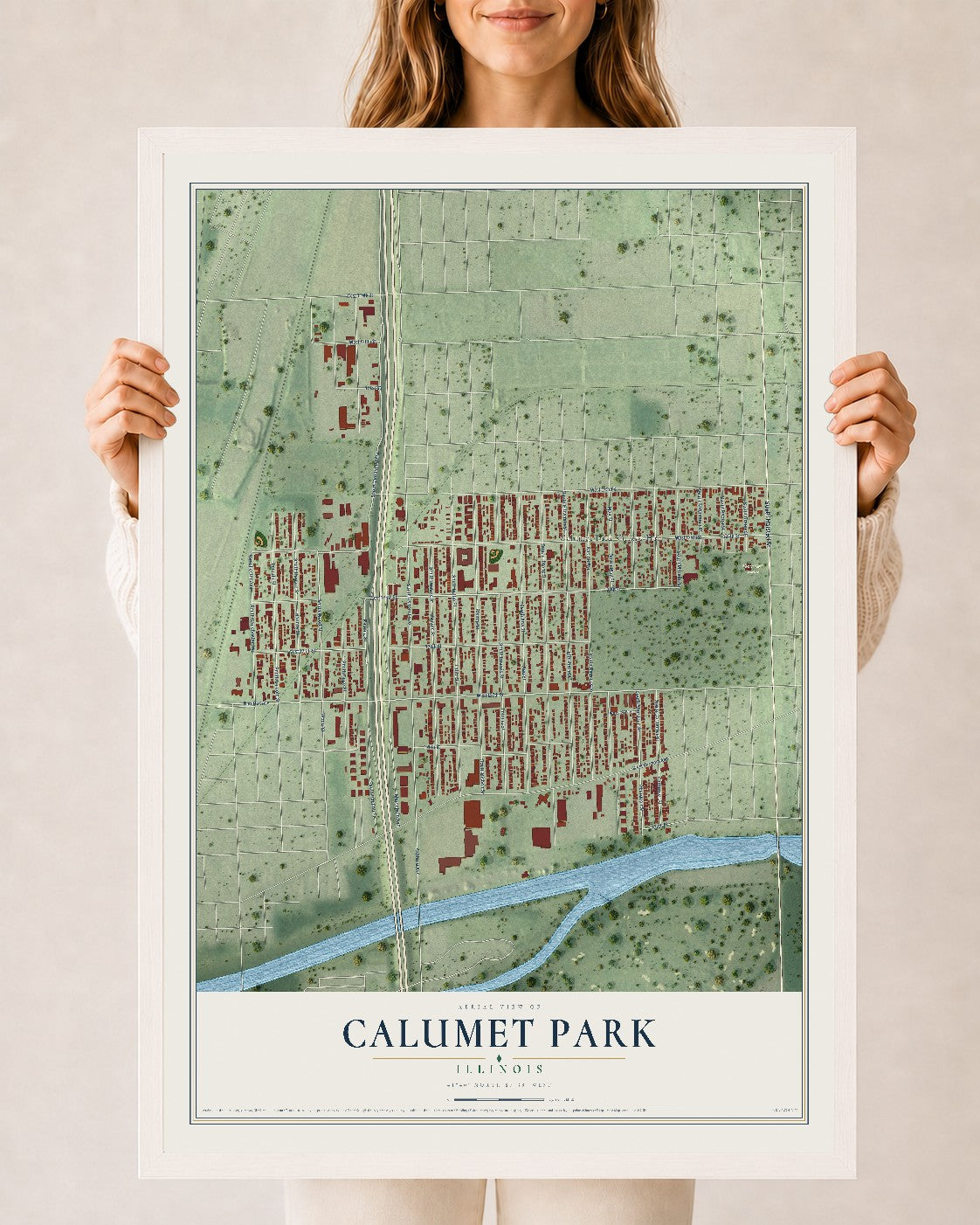 Map of Calumet Park, Illinois, 24 x 36 inch print in a white wood frame
