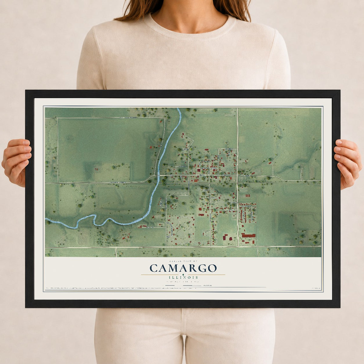 Map of Camargo, Illinois, 12 x 18 inch print in a black wood frame