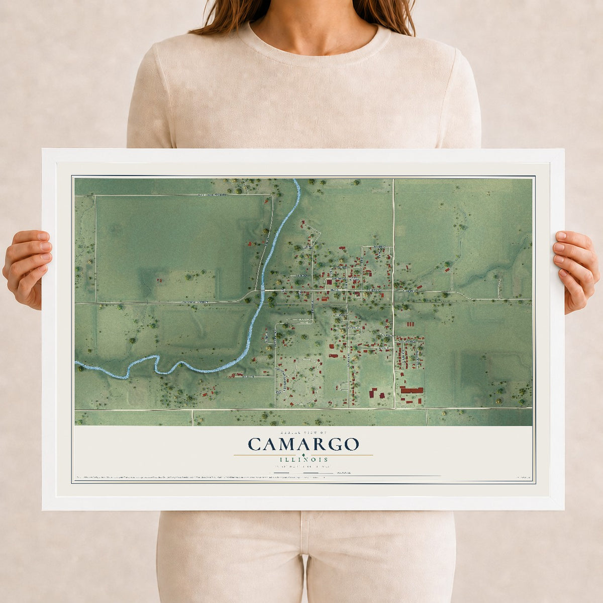 Map of Camargo, Illinois, 12 x 18 inch print in a white wood frame