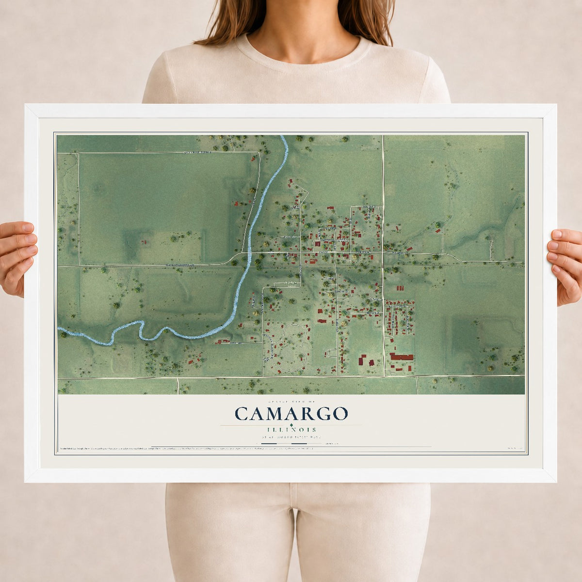 Map of Camargo, Illinois, 18 x 24 inch print in a white wood frame