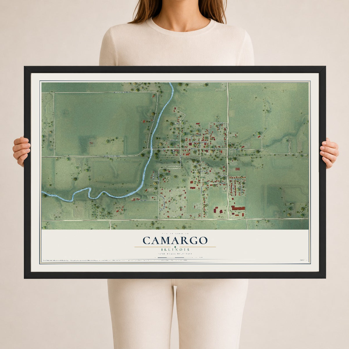 Map of Camargo, Illinois, 24 x 36 inch print in a black wood frame