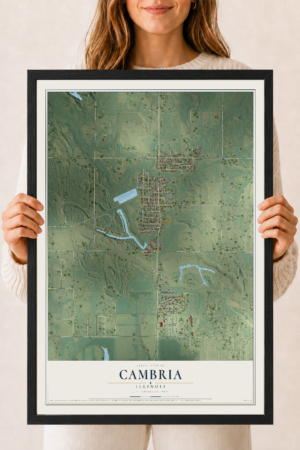 Map of Cambria, Illinois, 18 x 24 inch print in a black wood frame